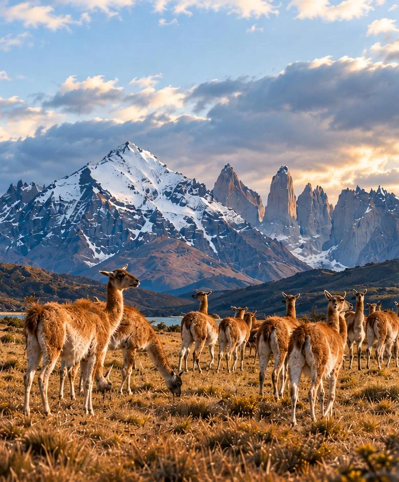 Guanacos frente a las montañas de Torres del Paine